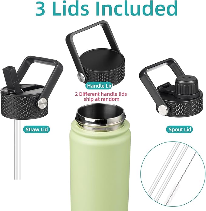Konokyo 22oz Stainless Steel Bottles with 3 Lids Sport Insulated Water Bottle,Macaron Green