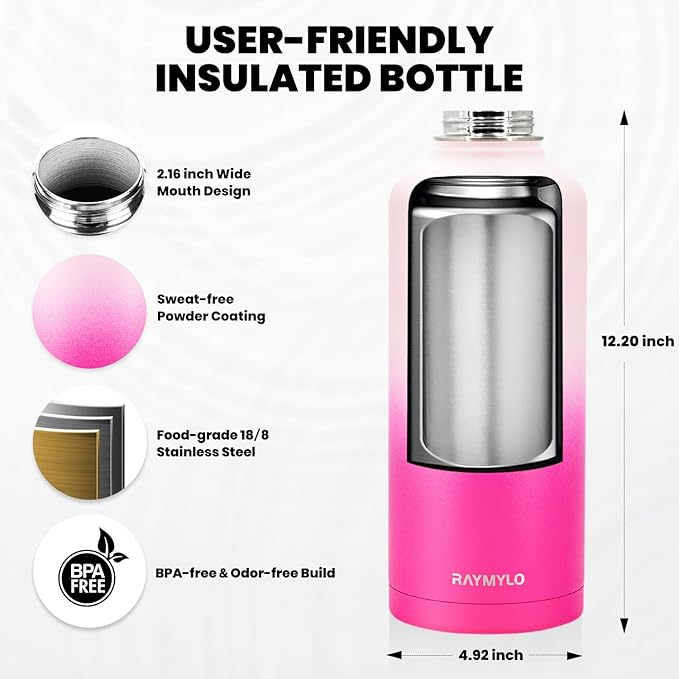 RAYMYLO Insulated Water Bottle 87 oz, Triple Wall Vacuum Stainless Steel (Cold for 48 Hrs), Leak Proof & Non-BPA, Modern Water Flask Jug with Paracord Handle & Straw Spout Lids, Ombre Pink