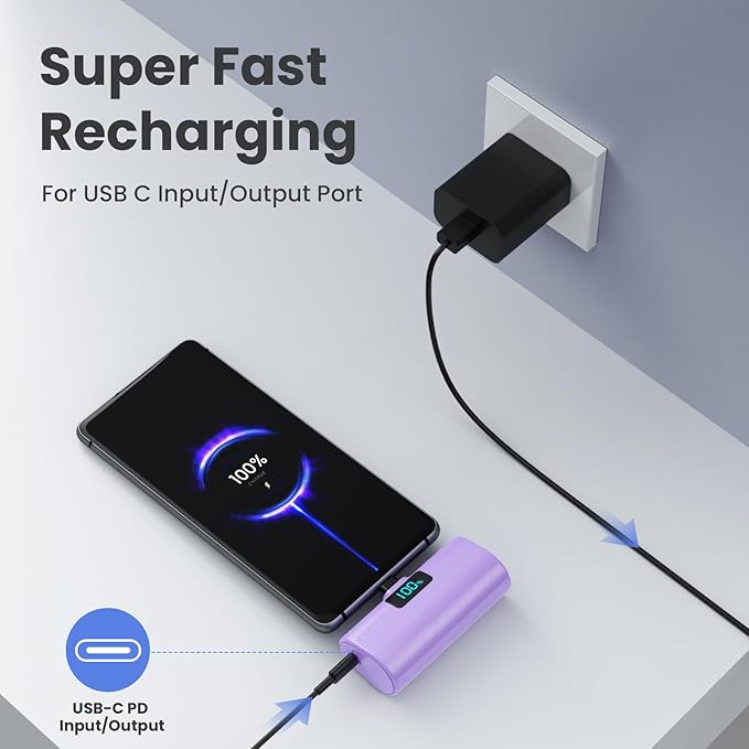 [2-Pack]Small Portable Charger 5200mAh, Upgraded PD USB C Power Bank Built-in USB-C Connector,LCD Display Battery Pack Compatible with iPhone 15/15 Plus/15 Pro/15 Pro Max/Samsung Android(Pink+Purple)
