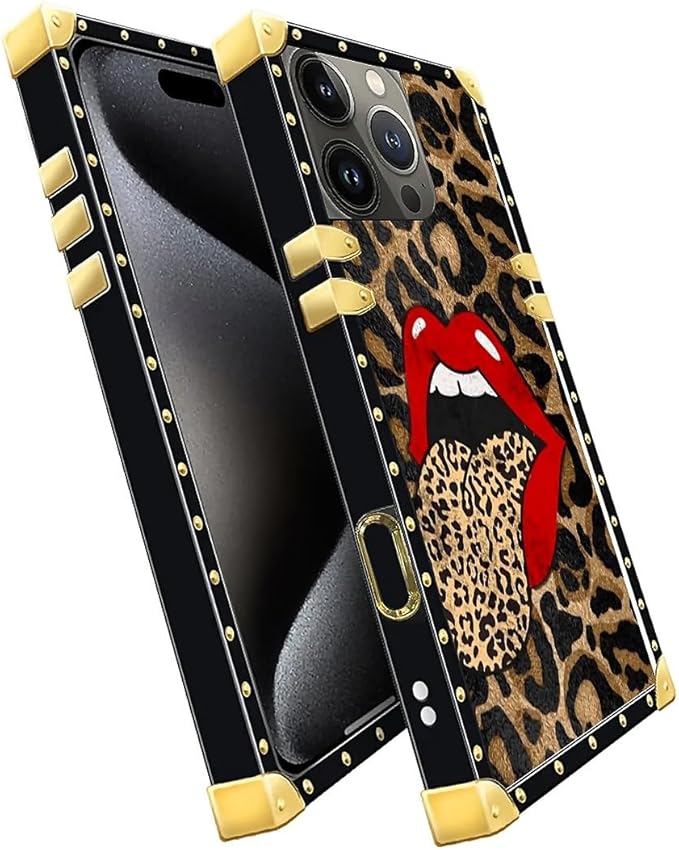 Compatible with iPhone 16 Pro Case, Brown Leopard Print Mouth Luxury Golden Decoration for Girl Women Soft TPU Shockproof Protective Hard PC Back for iPhone 16 Pro