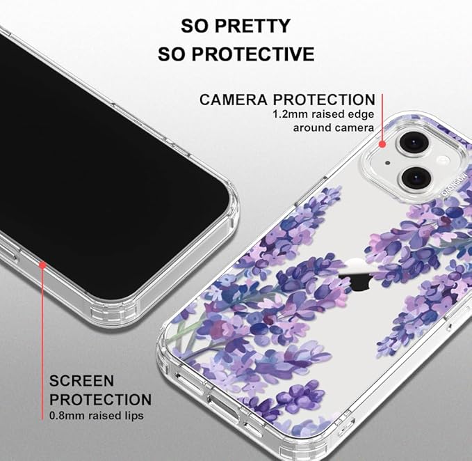 MOSNOVO for iPhone 13/14 Case | Military Grade 6.6ft Drop Tested | Clear with Lavender Design