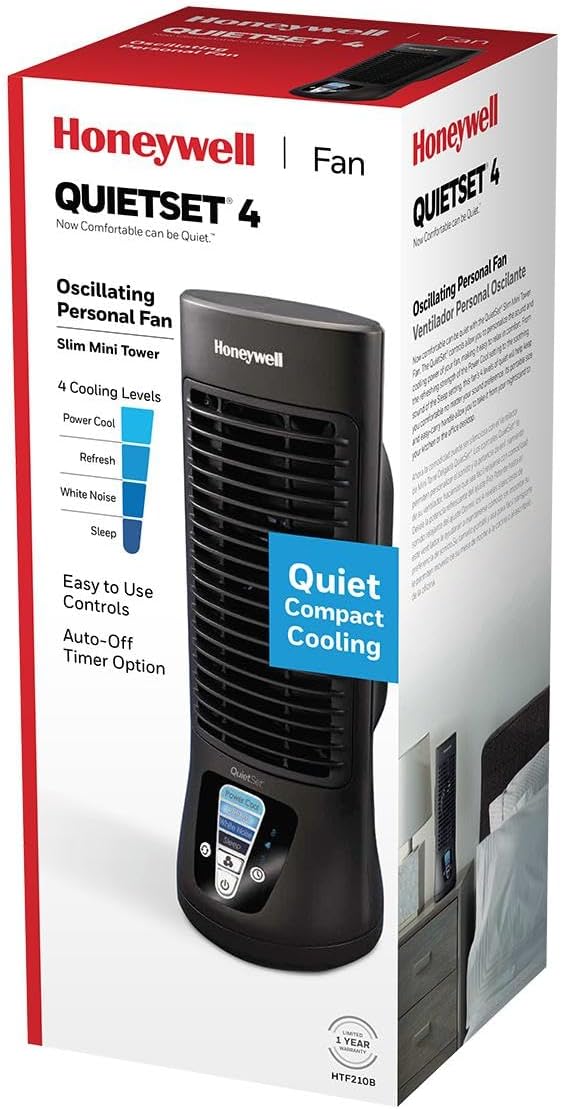 Honeywell QuietSet Personal Table Fan, Oscillating Personal Desk Fan with Quiet Operation, 4 Levels of Power and Sound, Black, HTF210B