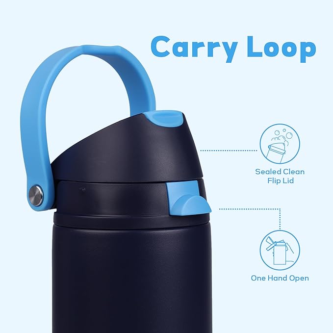 24 oz Stainless Steel Water Bottle with 2-in-1 Quick Flip Straw and Push Button Spout Lid, Fits Car Cupholder, Triple Walled Vacuum Insulated Metal Leakproof, for Gym, Hiking, Trip, Blue