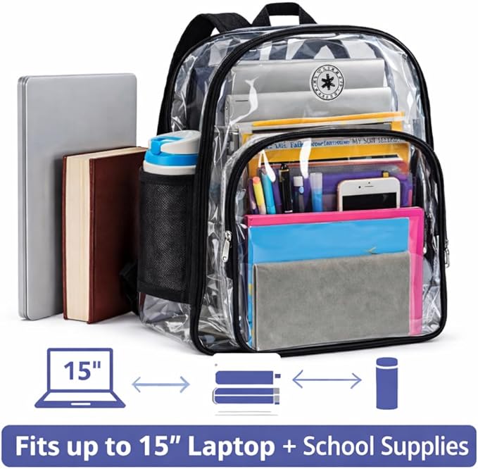 K-Cliffs Large Transparent Backpack Clear Heavy Duty School Bag Durable Student Bookbag See Through Vinyl Daypack Workbag