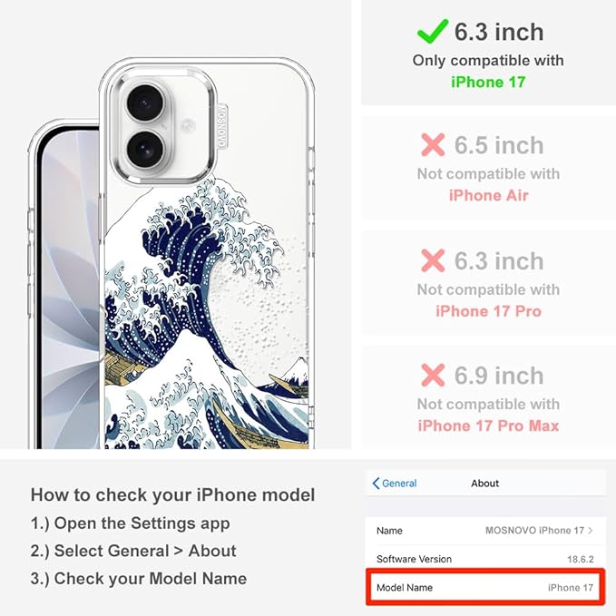 MOSNOVO for iPhone 17 Case | Military Grade 6.6ft Drop Tested | Camera Control | Clear with Great Wave Design