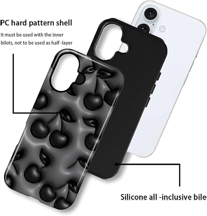 for iPhone 16 Case,HL2 Cute Cool Cherry Black Hybrid 2 Layer Hard Shell Silicone Protective Pattern Design Case