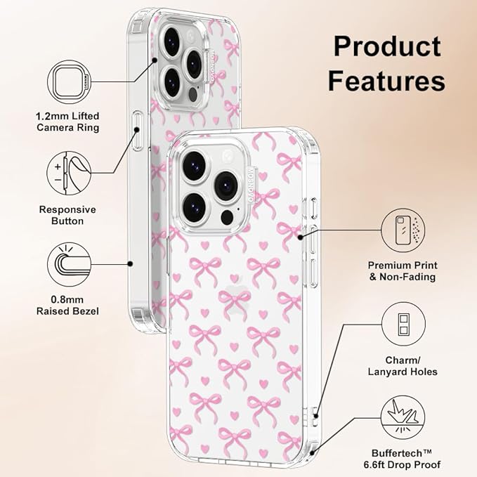 MOSNOVO Case for iPhone 14 Pro, [Buffertech 6.6ft Military-Grade Drop Protection] [Anti Peel Off Tech] Clear TPU Bumper Phone Case Cover Design - Bowtiful Love