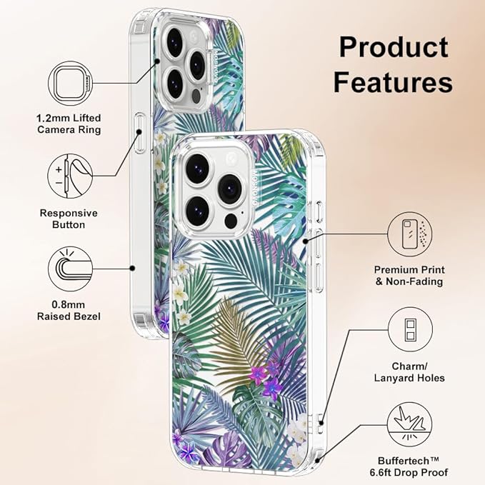 MOSNOVO Case for iPhone 14 Pro, [Buffertech 6.6ft Military-Grade Drop Protection] [Anti Peel Off Tech] Clear TPU Bumper Phone Case Cover Design - Tropical Rainforests