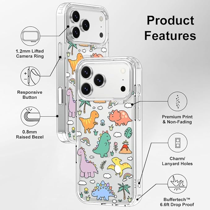 MOSNOVO for iPhone 17 Pro Max Case | Military Grade 6.6ft Drop Tested | Camera Control | Clear with Dinosaur Land Design