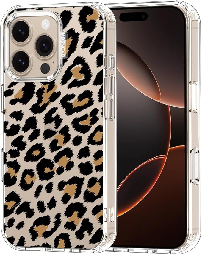 MOSNOVO Case for iPhone 16 Pro, [Buffertech 6.6ft Military-Grade Drop Protection] [Anti Peel Off Tech] Clear TPU Bumper Phone Case Cover Design - Leopard Print