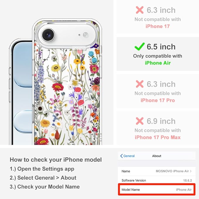MOSNOVO for iPhone Air Case | Military Grade 6.6ft Drop Tested | Camera Control | Clear with Wildflower Meadow Design