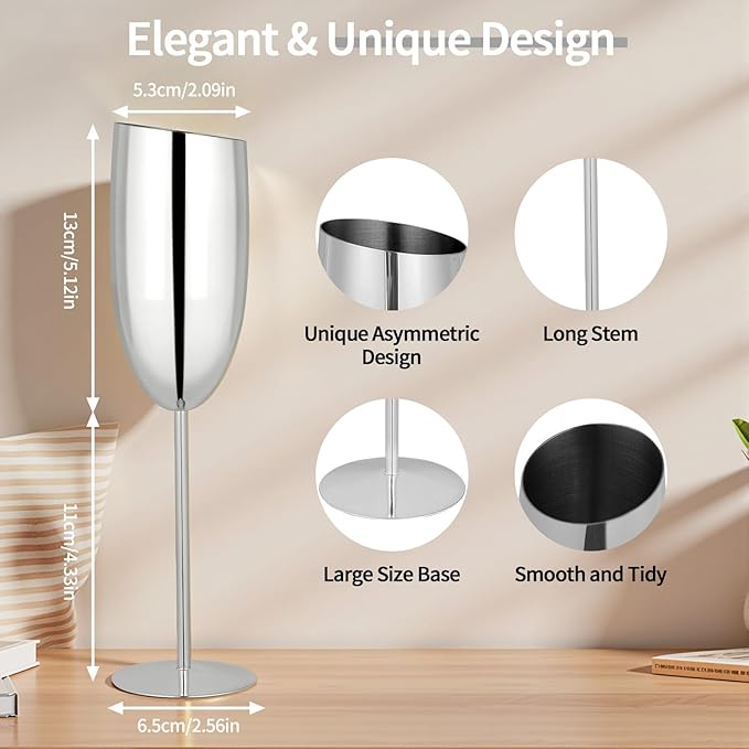 TJ Champagne Glasses Set of 2 Stainless Steel Champagne Flutes 8.5 oz Unbreakable Sliver Champagne Glasses Reusable Indoor Outdoor Travel Drinkware for Party Wedding Christmas Anniversary Birthday
