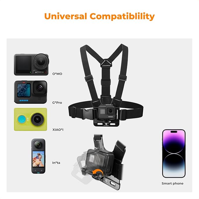 K&F CONCEPT Accessories Set for GoPro Hero 13/12/11/10/9/8/7/6/5/4/DJI Osmo Action Series/Pocket 3/2/Insta360 X4/X3, Chest Strap Harness+Backpack Clip+360° Rotating Head Strap Mount and Wrist Strap