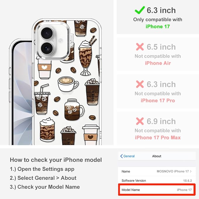 MOSNOVO for iPhone 17 Case | Military Grade 6.6ft Drop Tested | Camera Control | Clear with Coffee Design