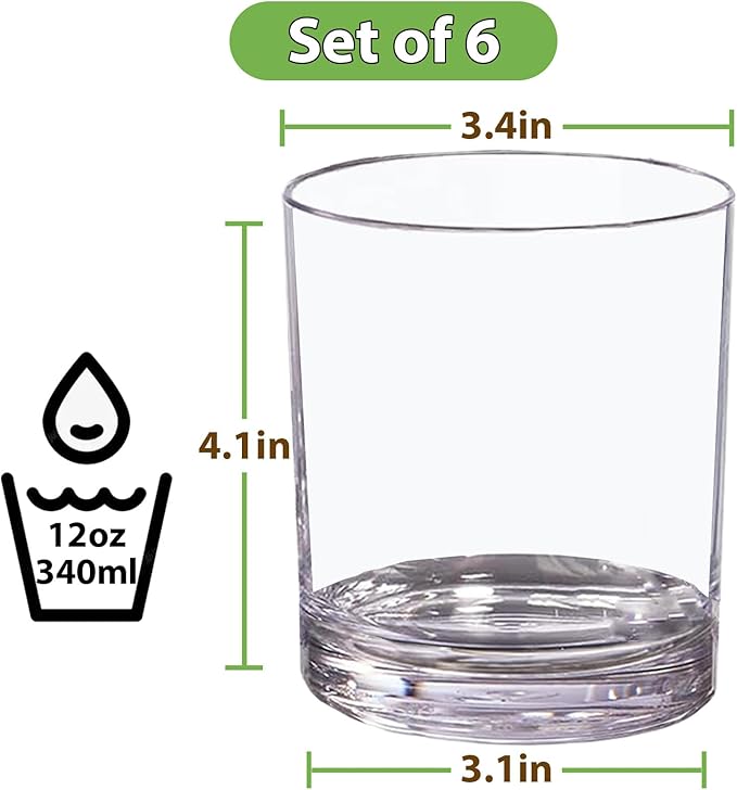 12 oz Drinking Glass Sets, Set of 6 Plastic Cups Unbreakable Drinkware Glasses Set Tumblers & Water Glasses Acrylic Clear Drinking Glasses, BPA-Free Beer Glasses for Home & Outdoors, Dishwasher Safe