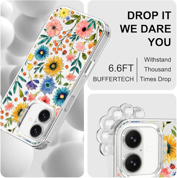 MOSNOVO for iPhone 17 Case, Shockproof Military-Grade Protection 6.6ft Drop Tested, Camera Control, Clear Phone Case for iPhone 17, Wildflower Bloom Design