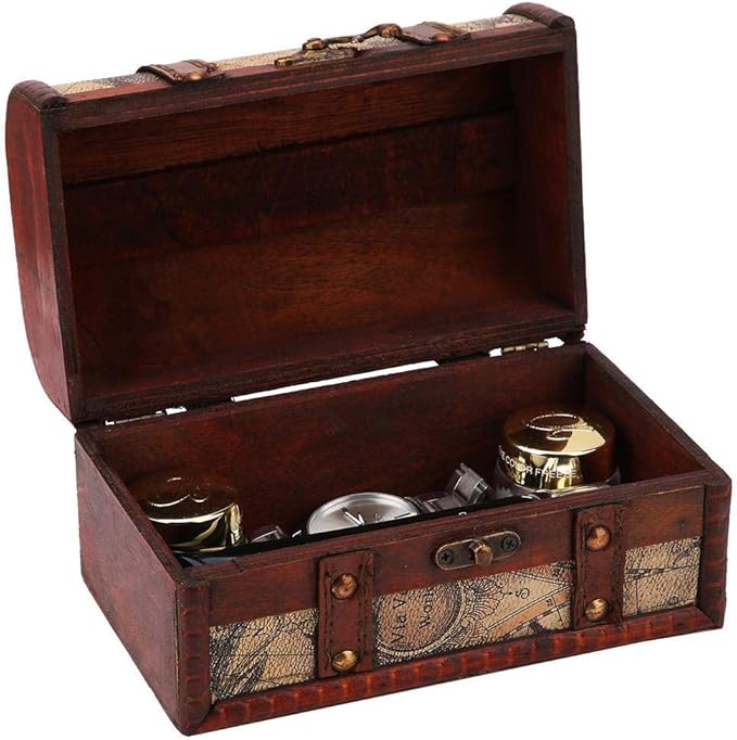 Hilitand Pirate Treasure Chest Vintage Handmade Decorative Wooden Box Trinket Jewelry Storage Case Home Decoration(Map)