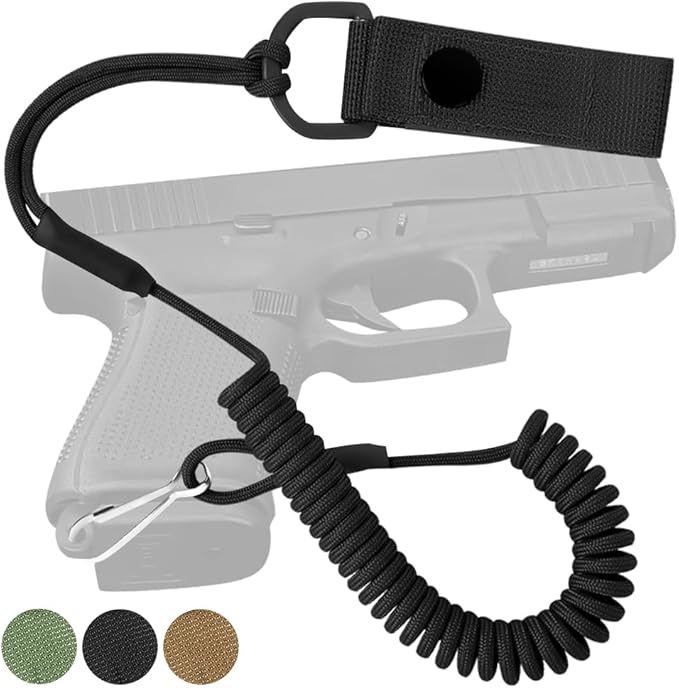 TECEUM Tactical Pistol Lanyard – 3+ Colors – Equipment Accessories for Military, Police, Security & Personal Use – Spring Safety Strap with D-Ring Keeper – Anti-Loss Elastic Coil for Belt or MOLLE