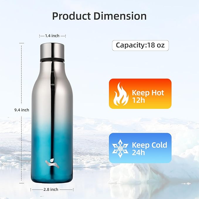 Konokyo Insulated Water Bottle with Strap,18 oz Double Wall Stainless Steel Vacuum Bottles Metal Water Flask,Blue Lagoon