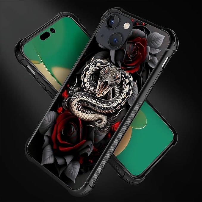 for iPhone 13 Case, Entwined Rose Snake Pattern Graphic Design Girl Boy Soft Silicone Hard Acrylic Shock Protection for iPhone 13