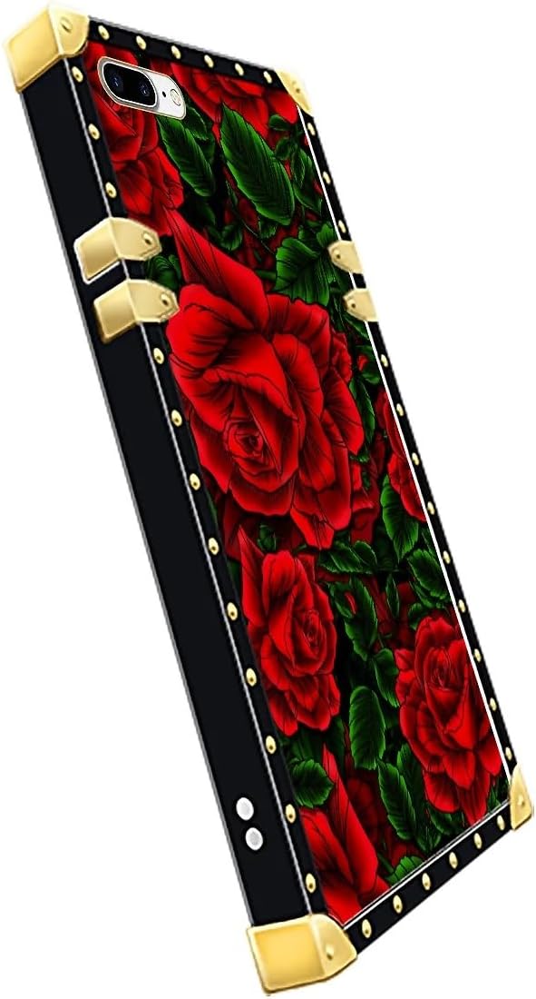 Compatible with iPhone 8 Plus 7 Plus Case, Vector Red Rose Green Leaf Luxury Golden Decoration for Girl Women Soft TPU Shockproof Protective Hard PC Back for iPhone 8 Plus 7 Plus