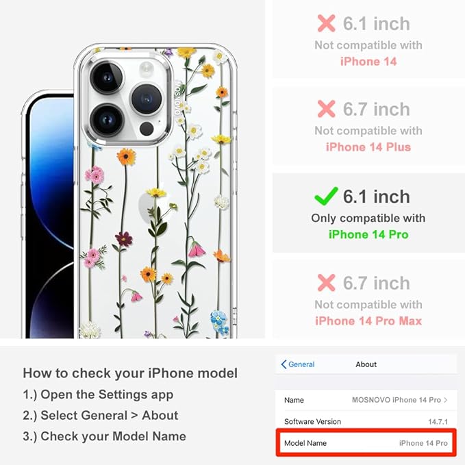 MOSNOVO Case for iPhone 14 Pro, [Buffertech 6.6ft Military-Grade Drop Protection] [Anti Peel Off Tech] Clear TPU Bumper Phone Case Cover Design - Wildflowers