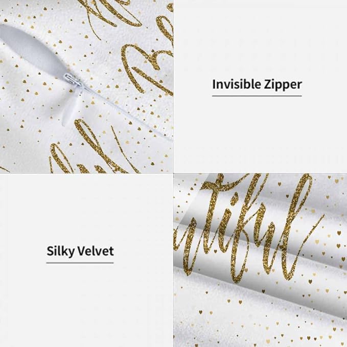 Hello Beautiful Bling Pillow Covers 18 X 18 Gold Glitter Motivational Quote Set of 2 Pillow Cases Square Velvet Outdoor Throw Cushion Pillowcases Decorative for Home Bed Sofa Couch Hotel