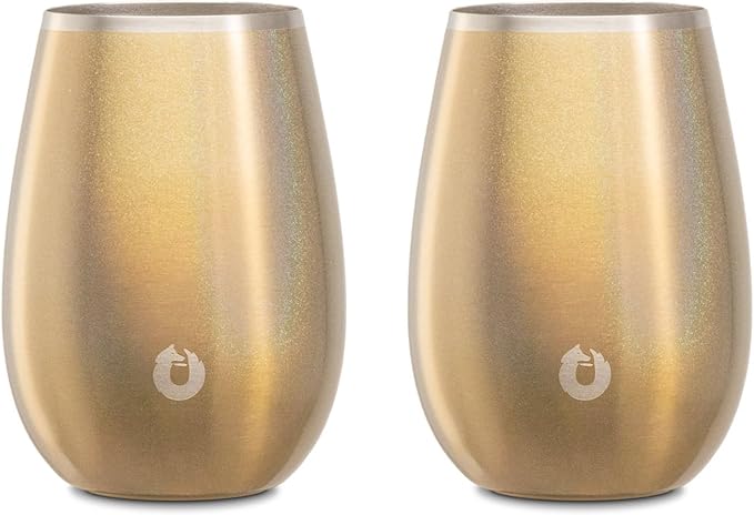 SNOWFOX Premium Vacuum Insulated Stainless Steel Classic White Wine Glass, Set of 2, Lightweight Stemless Cocktail Glasses,Elegant Home Entertaining Barware,8oz,Shimmer Gold