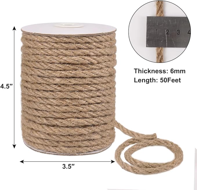 Vivifying 6mm Jute Rope, 50 Feet Strong Natural Jute Twine for Crafts, Cat Scratching Post, Garden Plants, Bundling and Hanging (Brown)