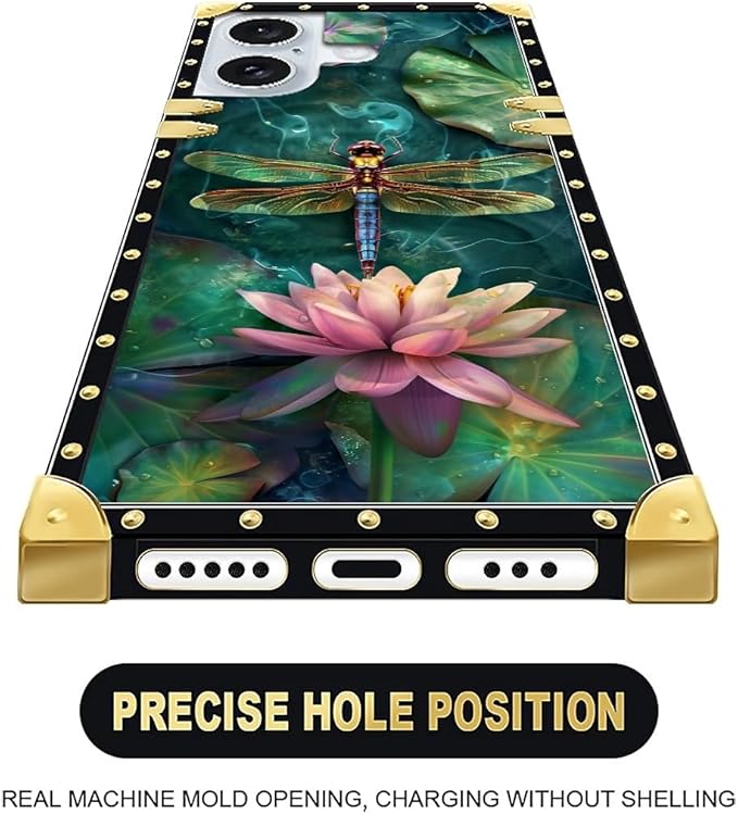 Compatible with iPhone 16 Plus Case, Colourful Dragonfly Pink Lily Pads Luxury Golden Decoration for Girl Women Soft TPU Shockproof Protective Hard PC Back