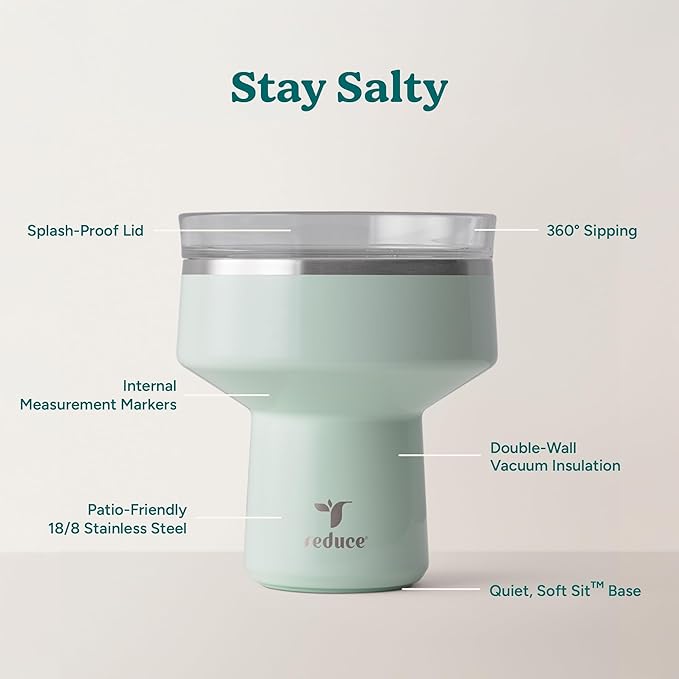 REDUCE Saltini 16 oz Cocktail Tumbler - Insulated Margarita Tumbler with Lid - Keeps Drinks Cold for 10 Hours - 360 Sippable Martini Glass Alternative - Shatterproof, Perfect for Parties - Sea Glass