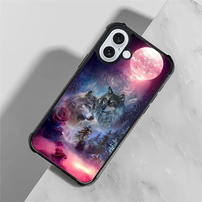 for iPhone 16 Plus Case, Star Two Wolfs Howling Pattern Graphic Design Girl Boy Soft Silicone Hard Acrylic Shock Protection for iPhone 16 Plus