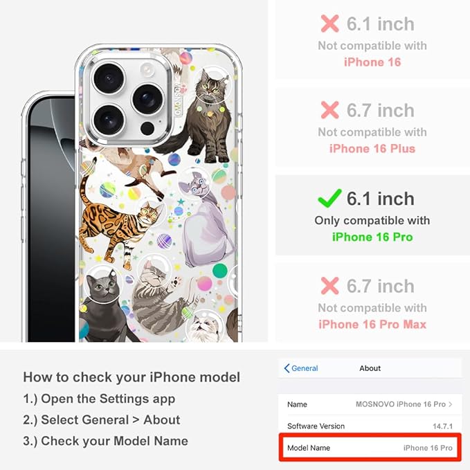 MOSNOVO Case for iPhone 16 Pro, [Buffertech 6.6ft Military-Grade Drop Protection] [Anti Peel Off Tech] Clear TPU Bumper Phone Case Cover Design - Space Cat