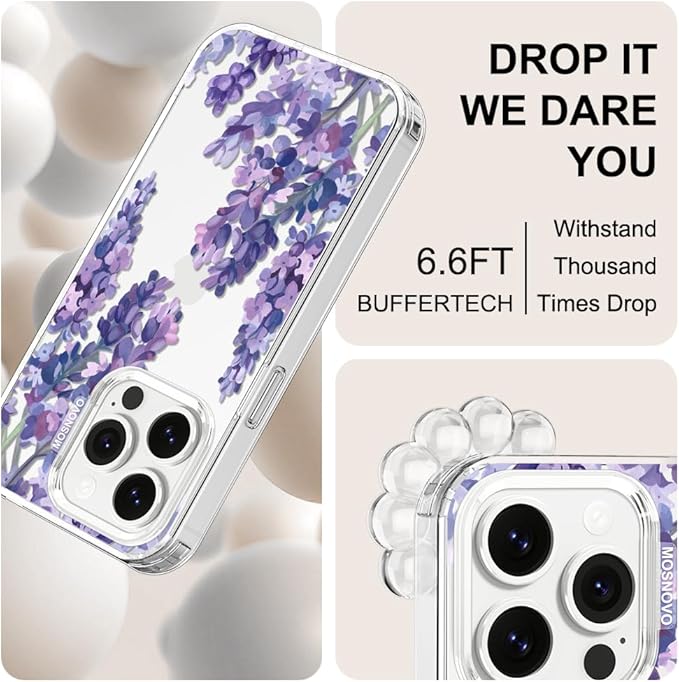 MOSNOVO Case for iPhone 14 Pro, [Buffertech 6.6ft Military-Grade Drop Protection] [Anti Peel Off Tech] Clear TPU Bumper Phone Case Cover Design - Lavender