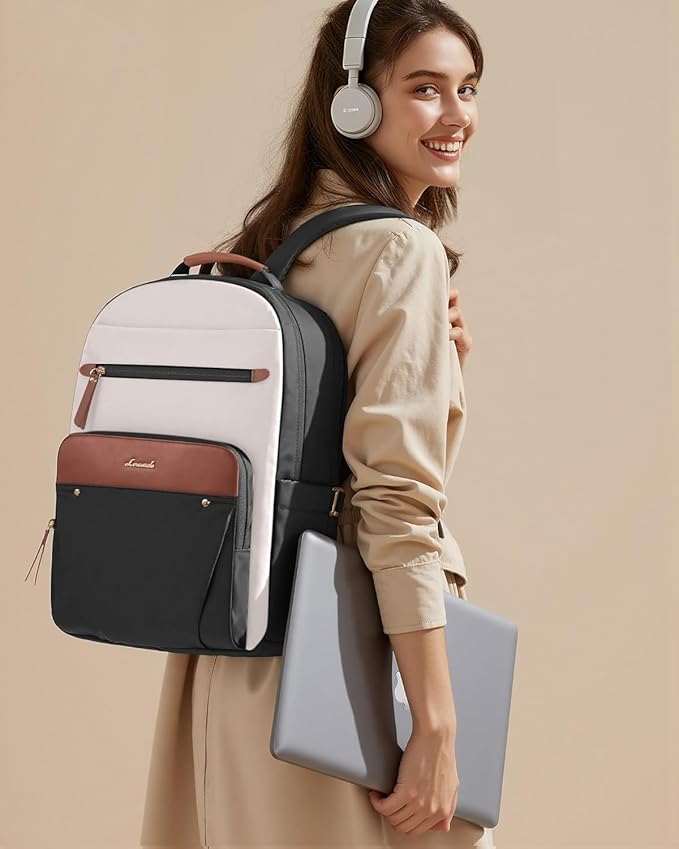 LOVEVOOK Laptop Backpack for Women, 17.3" Work Business Computer Backpack,Casual Daypack Purse, Travel Personal Item Bag for Gift, Cream Chestnut Brown