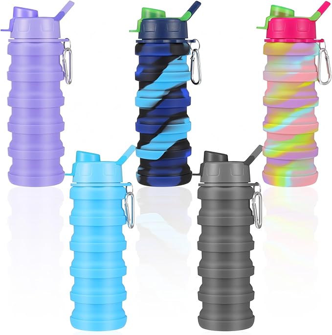 5 Pack Foldable Water Bottles, 16 oz Silicone Reusable Foldable Water Bottle, Portable Leak Proof Travel Sports Bottle with Metal Clip for Camping Hiking Gym, Colorful