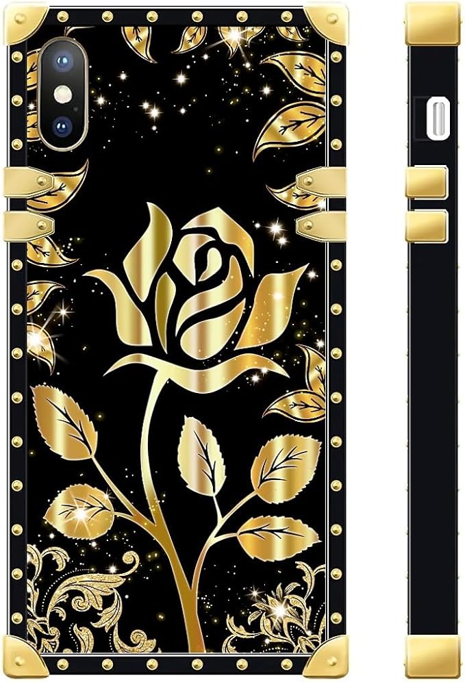 Compatible with iPhone XR Case, Shine Gold Rose Luxury Golden Decoration for Girl Women Soft TPU Shockproof Protective Hard PC Back for iPhone XR