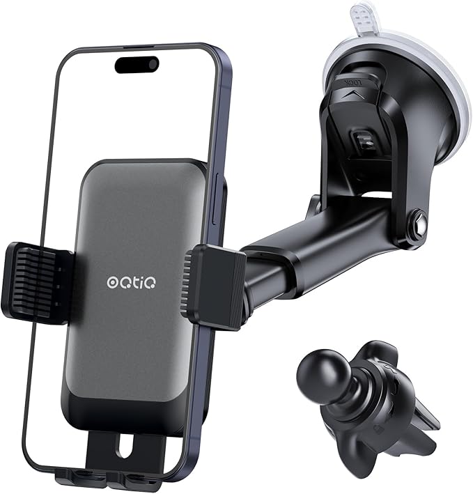 OQTIQ 3-in-1 Suction Cup Phone Holder Windshield/Dashboard/Air Vent, Dashboard & Windshield Suction Cup Car Phone Mount with Strong Sticky Gel Pad (Black & Silver)