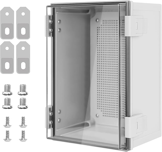 Junction Box IP65 Waterproof Dustproof ABS Plastic Enclosure, Outdoor and Indoor Project Box Hinged Clear Cover with Mounting Plate Wall Brackets, Outer Dimension 11.8"x 7.9" x 6.3", Grey