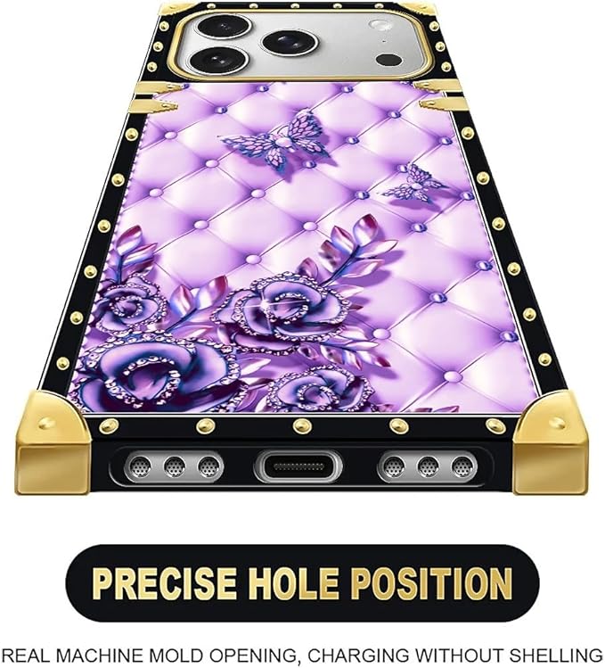 for iPhone 17 Pro Max Case Luxury Golden Decoration for Girl Women Soft TPU Shockproof Protective Hard PC Back for iPhone 17 Pro Max Crazy Pattern Purple Butterfly Flowers Leaf