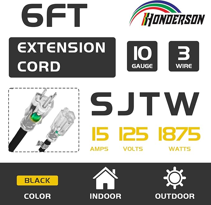 Indoor Outdoor Extension Cord Weatherproof with Lighted End, UL Certified, 10 Gauge 6FT Black 3 Prong Heavy Duty, 10/3 SJTW 15A Power Cord for Outdoor Lights, Lawn