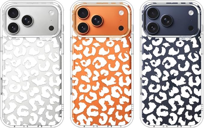 MOSNOVO for iPhone 17 Pro Max Case | Military Grade 6.6ft Drop Tested | Camera Control | Clear with White Leopard Print Design