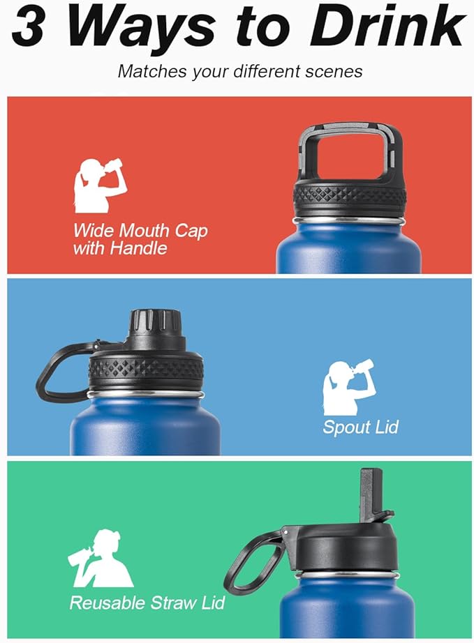 Coolflask Water Bottle 32 oz Insulated with Straw, Stainless Steel Metal 3 Lids Water Flask Wide Mouth for Sports or Office, Non-BPA Keep Cold Up to 48 Hrs or Hot Up to 24 Hrs, King's Blue