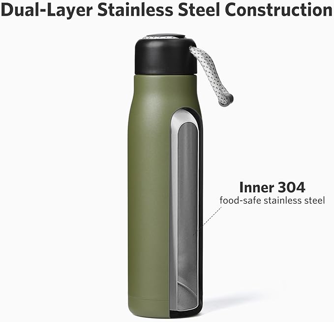 Small Water Bottle, Dusgut Insulated Water Bottle, Stainless Steel, Wide Mouth Portable Lid, 17 oz, Army Green