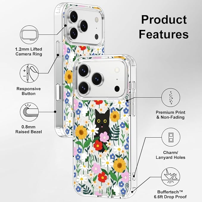 MOSNOVO for iPhone 17 Pro Case | Military Grade 6.6ft Drop Tested | Camera Control | Clear with Black Cat in Garden Design