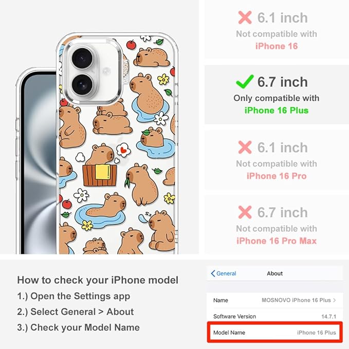 MOSNOVO for iPhone 16 Plus Case, Shockproof Military-Grade Protection 6.6ft Drop Tested, Clear Phone Case for iPhone 16 Plus, Capybara Land Design