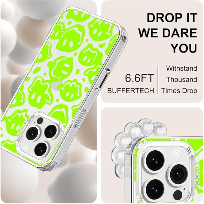 MOSNOVO Case for iPhone 16 Pro, [Buffertech 6.6ft Military-Grade Drop Protection] [Anti Peel Off Tech] Clear TPU Bumper Phone Case Cover Design - Distorted Green Smiles Face