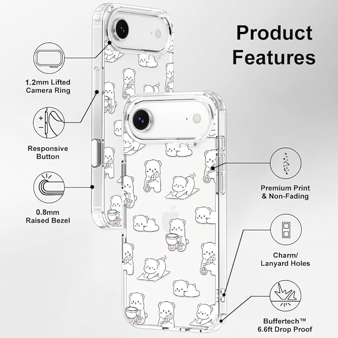 MOSNOVO for iPhone Air Case, Shockproof Military-Grade Protection 6.6ft Drop Tested, Camera Control, Clear Phone Case for iPhone 17 Air, Cozy Bear Days Design