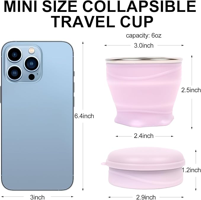 Collapsible Travel Cup with Lid (6oz/180ml) - BPA Free Silicone Folding Cup with Stainless Steel Rim - Portable Pocket Cup for Mouthwash,Pills, Hiking, Camping & Kids(Light purple)