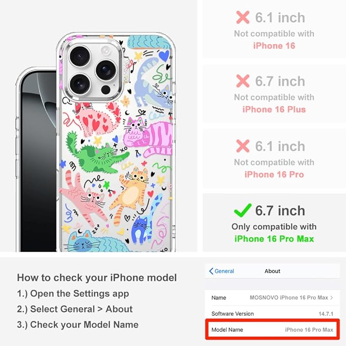 MOSNOVO for iPhone 16 Pro Max Case, Shockproof Military-Grade Protection 6.6ft Drop Tested, Clear Phone Case for iPhone 16 Pro Max, Doodle Cats Design